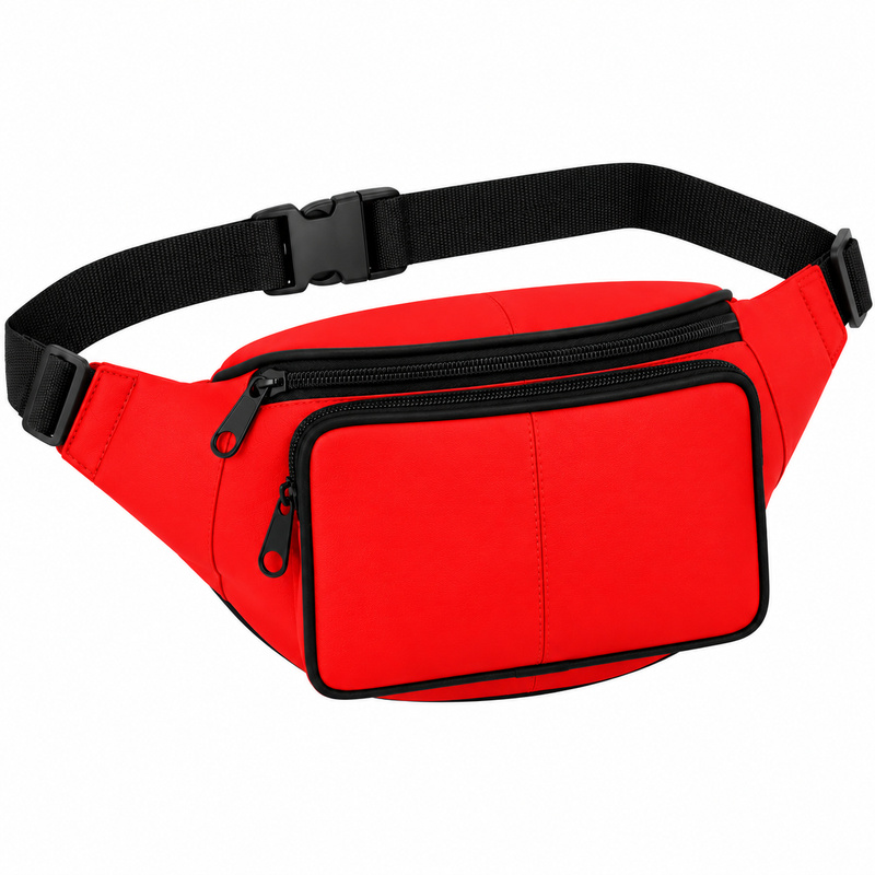 BB-07 Red Leather Bumbag W/3 Zips (New) (image for) BB-07 Red Leather Bumbag W/3 Zips (New)